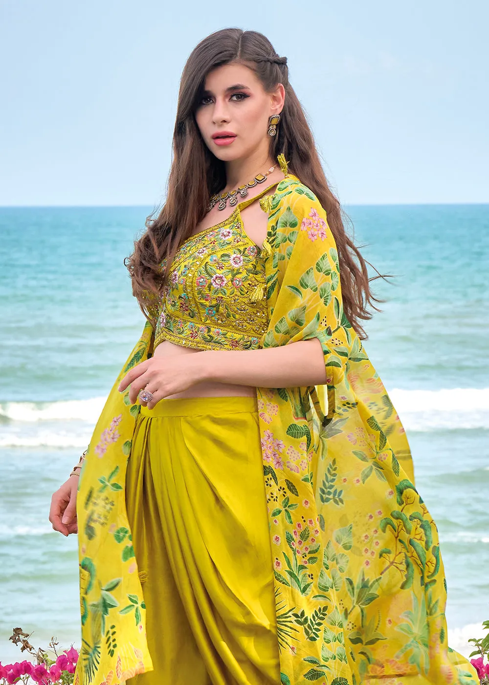 Mustard Satin Silk Embroidered Dhoti Style Crop Top Suit