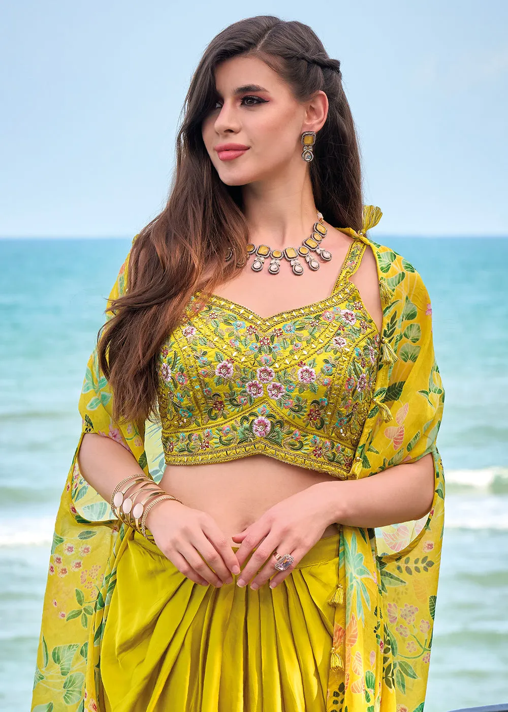 Mustard Satin Silk Embroidered Dhoti Style Crop Top Suit