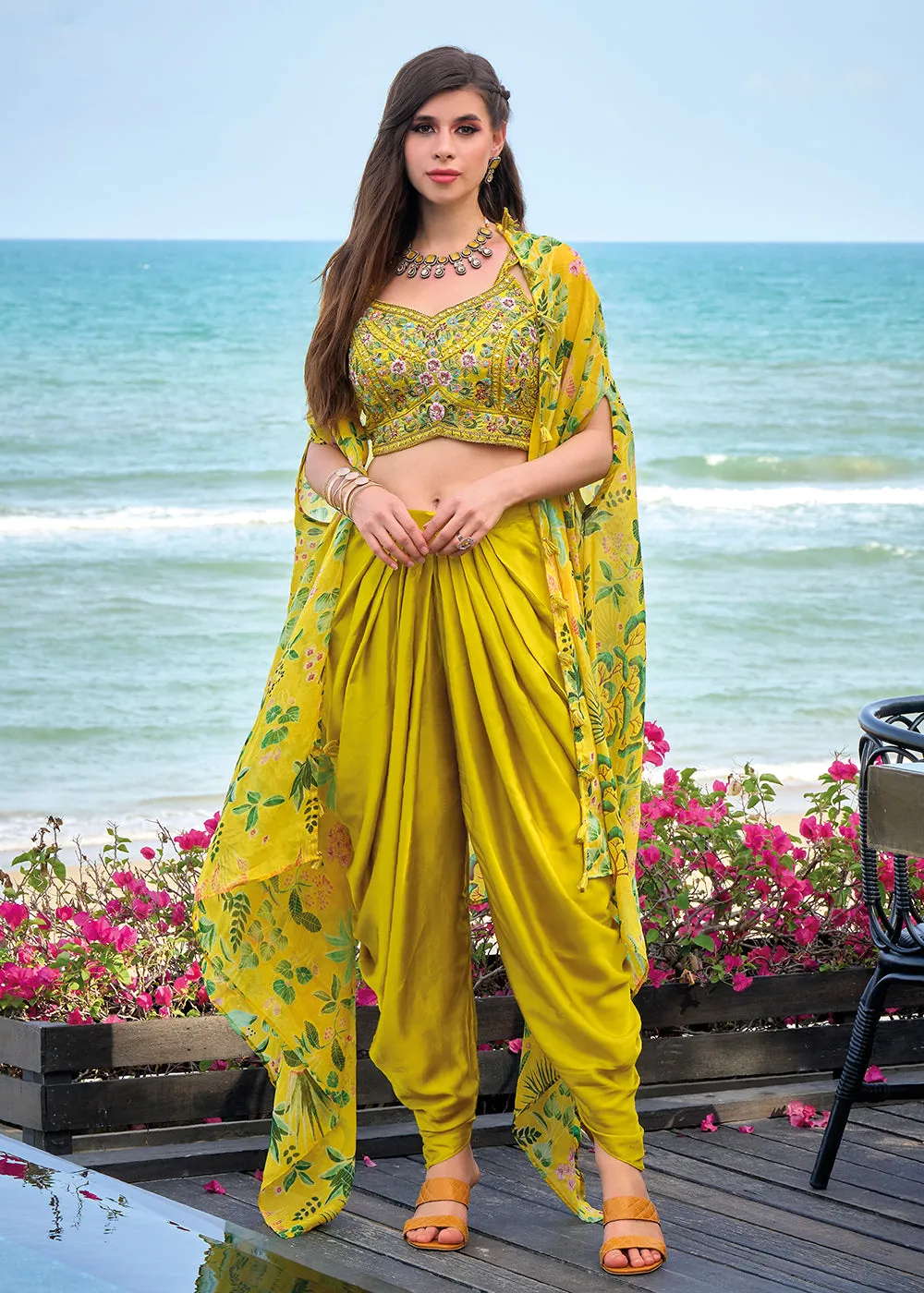 Mustard Satin Silk Embroidered Dhoti Style Crop Top Suit