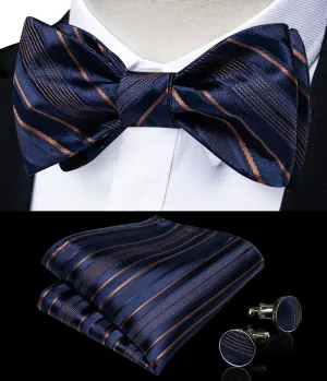 Navy-Blue Golden Striped Self-Bowtie Pocket Square Cufflinks Set