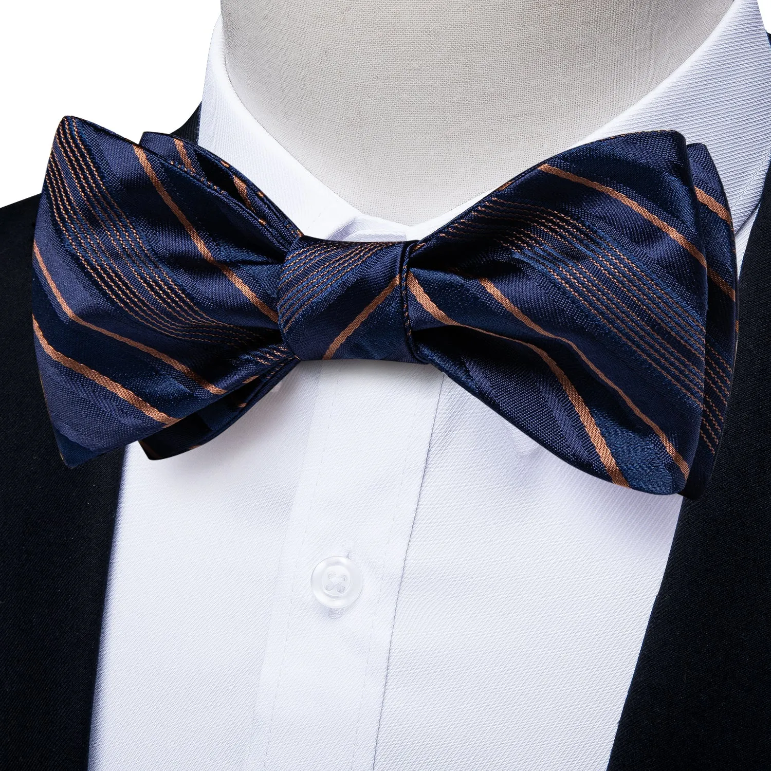 Navy-Blue Golden Striped Self-Bowtie Pocket Square Cufflinks Set