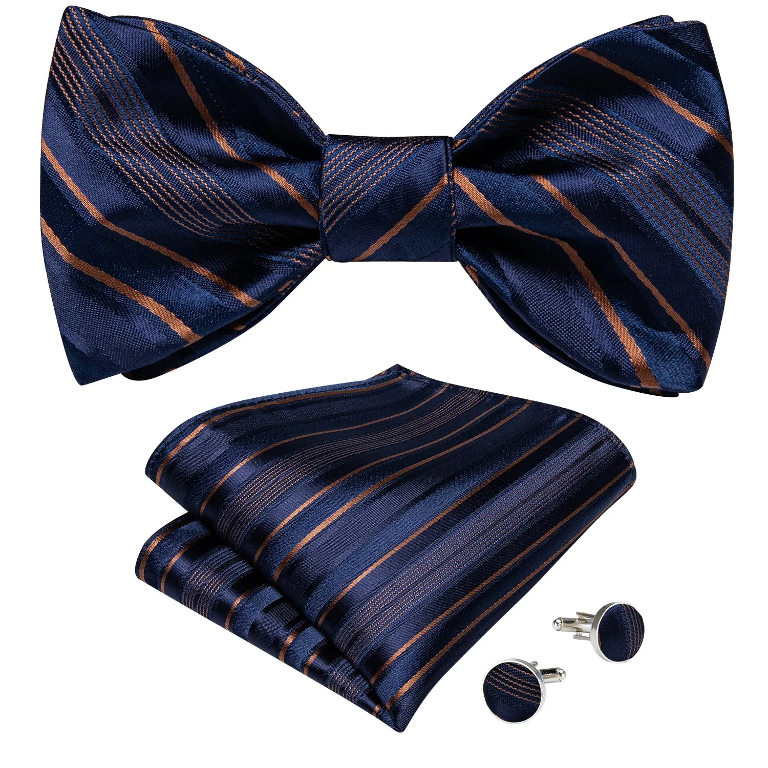 Navy-Blue Golden Striped Self-Bowtie Pocket Square Cufflinks Set