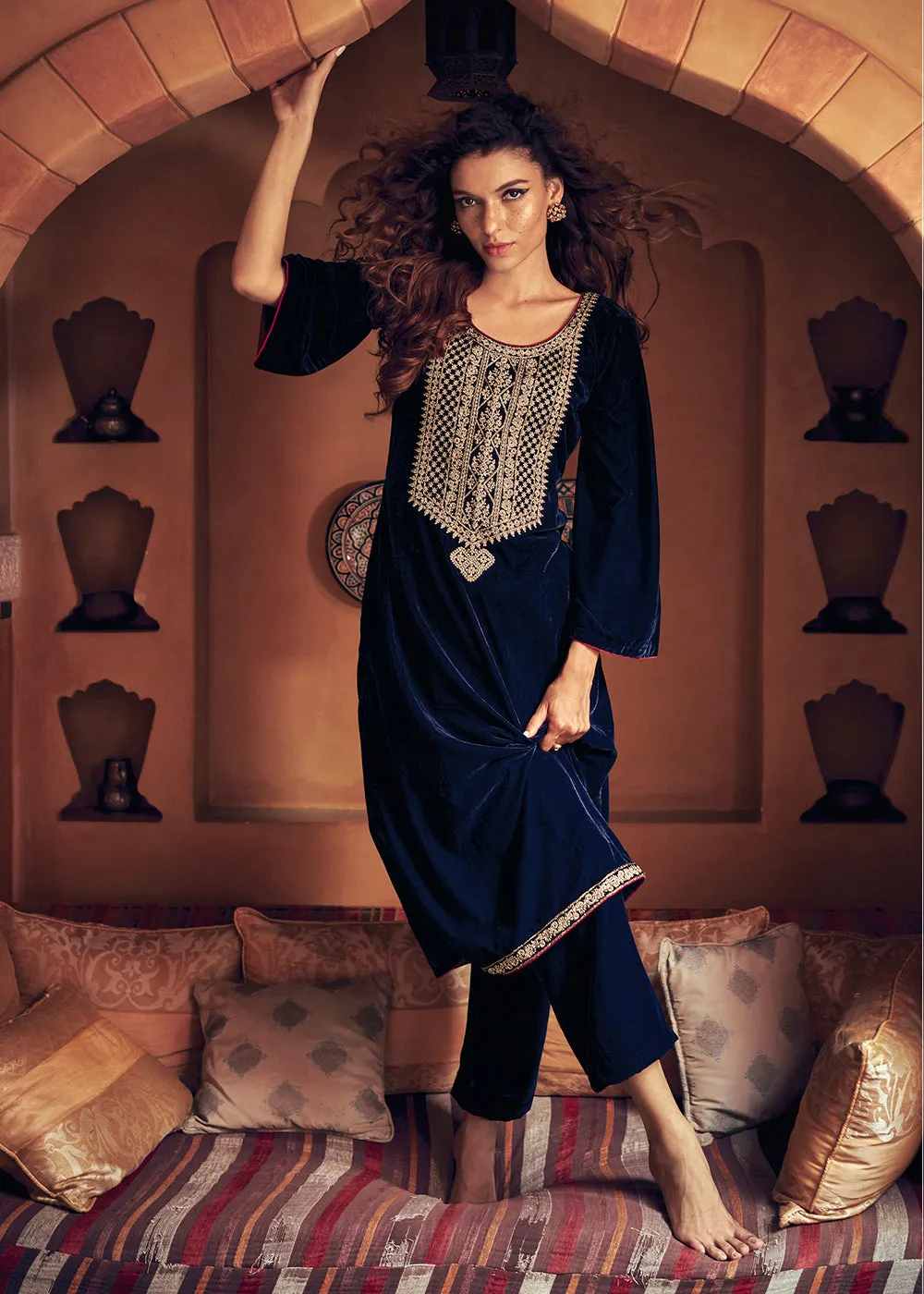 Navy Blue Velvet Embroidered Pant Salwar Suit