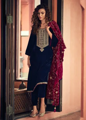 Navy Blue Velvet Embroidered Pant Salwar Suit