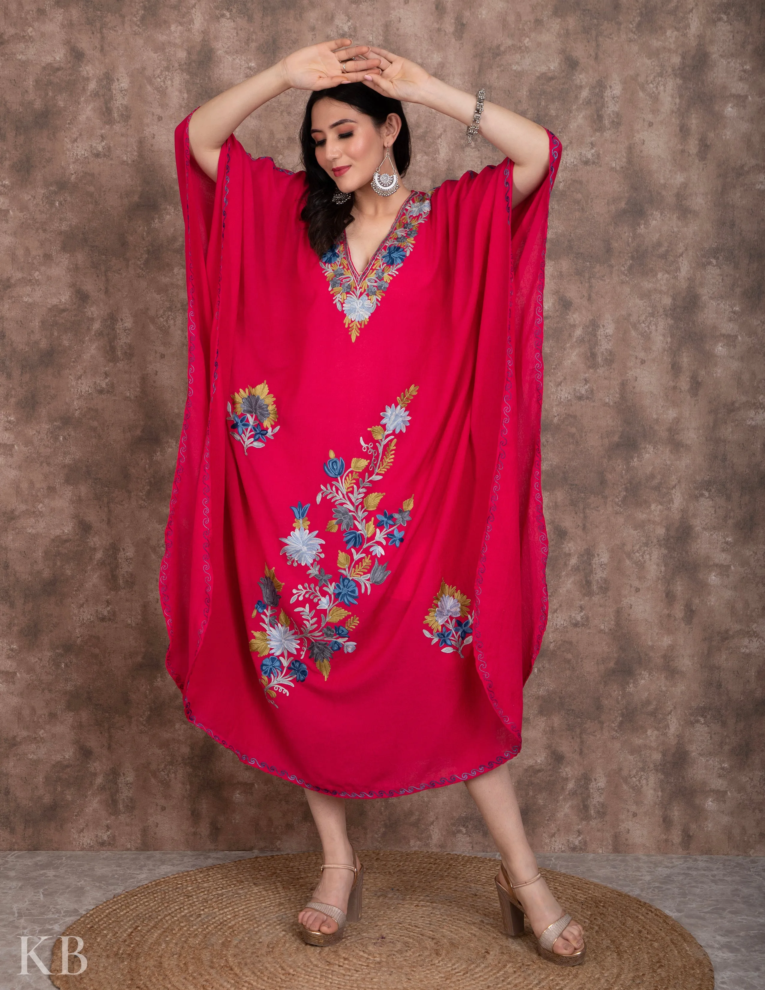 Neel Posh Pink Embroidered Summer Cotton Kaftan