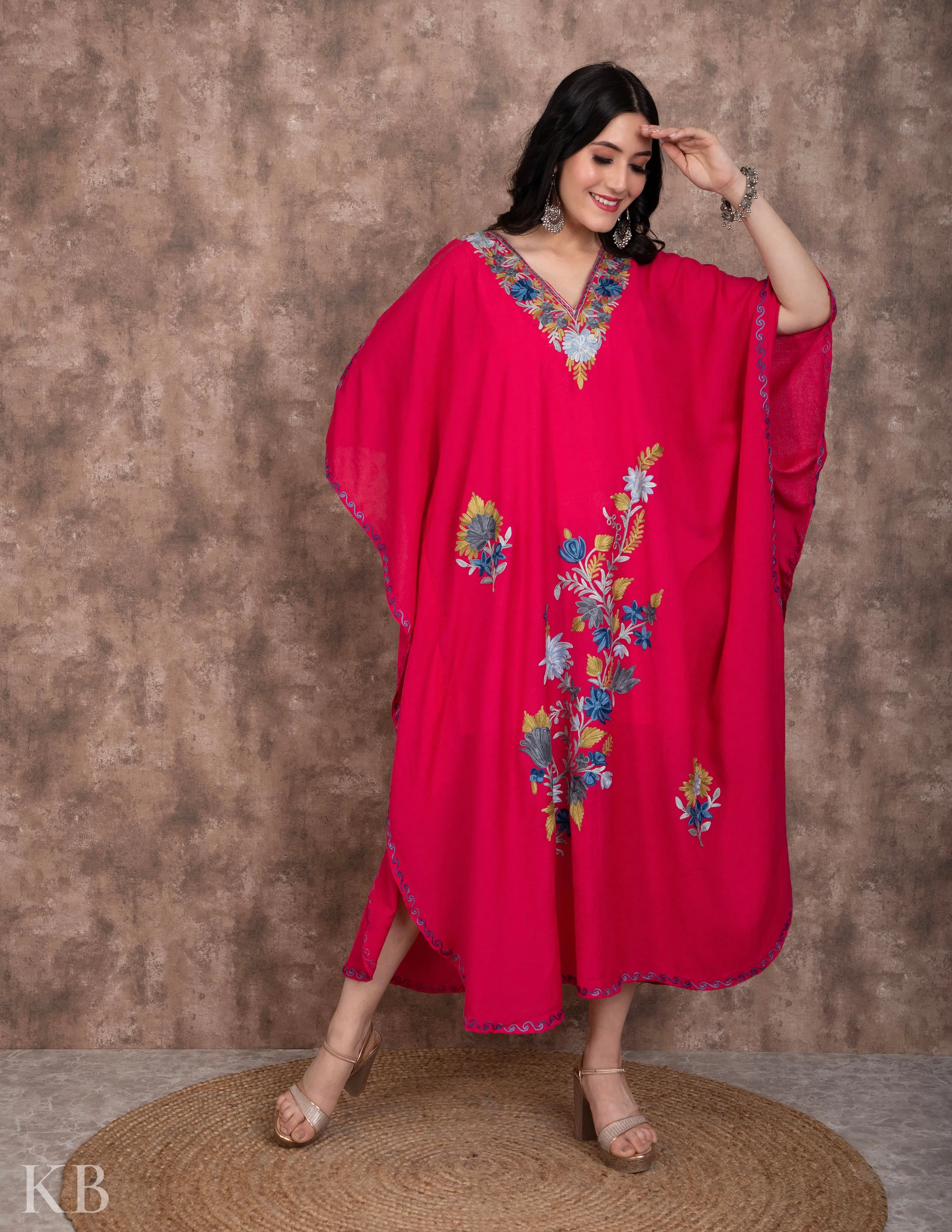 Neel Posh Pink Embroidered Summer Cotton Kaftan