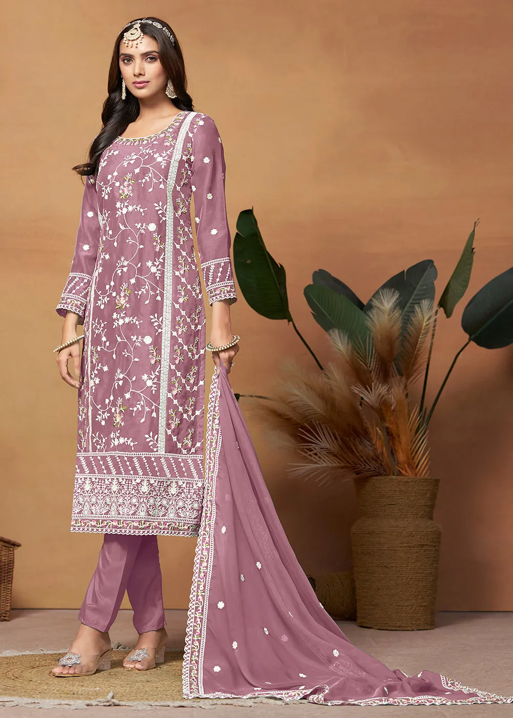 Pakistani Style Mauve Pink Embroidered Organza Salwar Suit