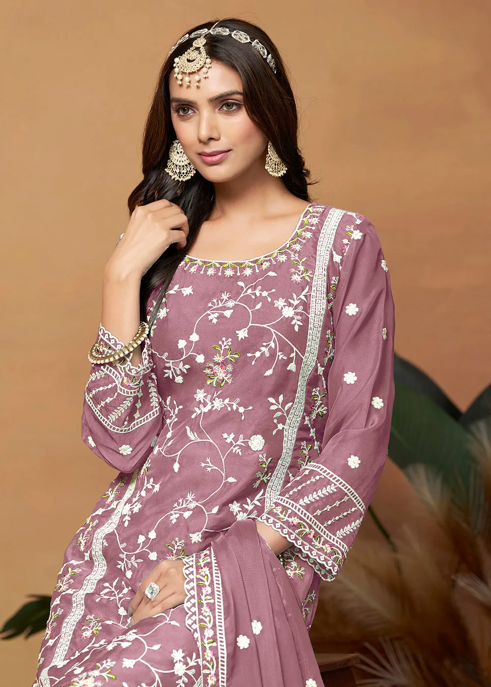 Pakistani Style Mauve Pink Embroidered Organza Salwar Suit