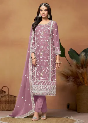 Pakistani Style Mauve Pink Embroidered Organza Salwar Suit