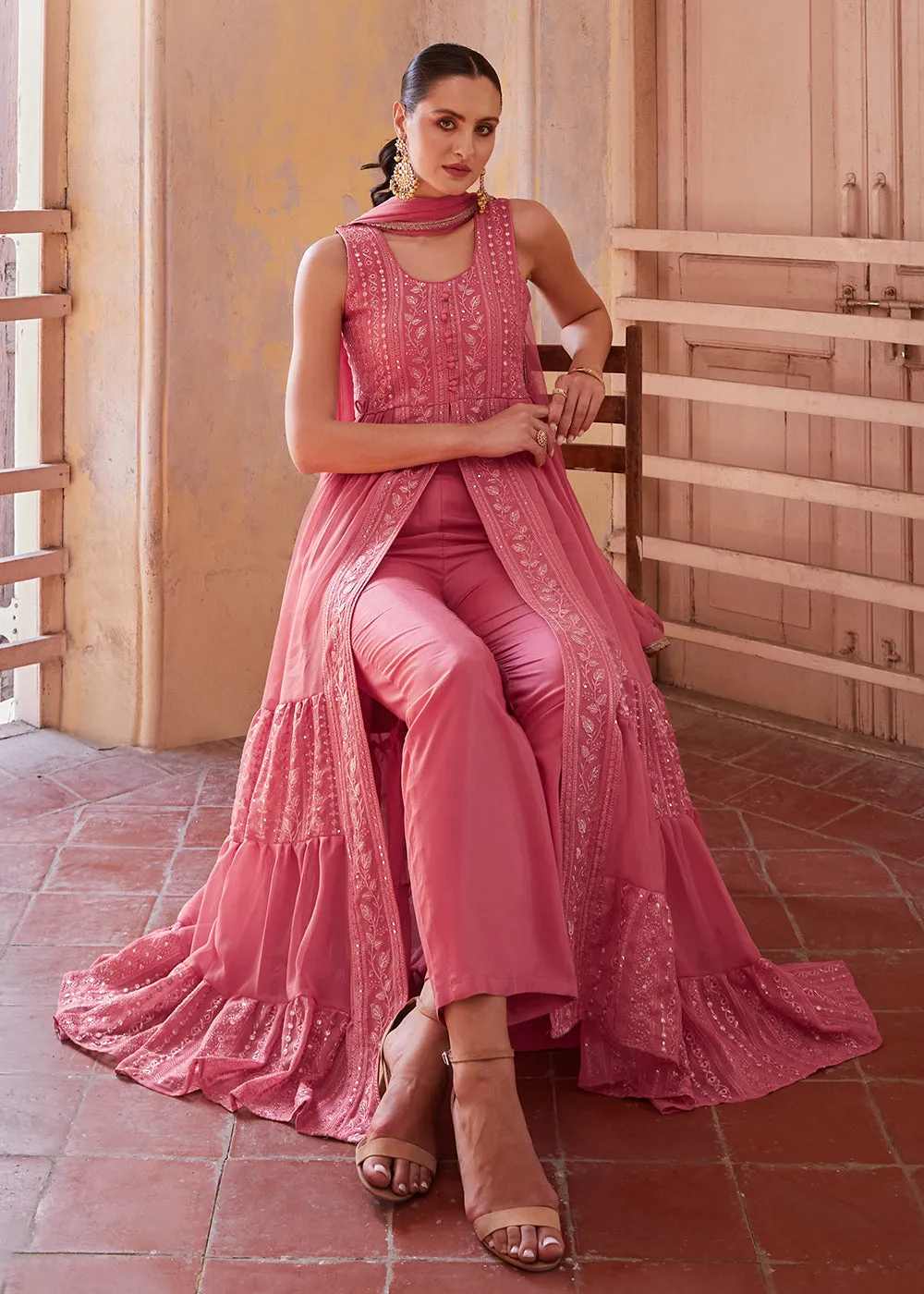 Pink Front Slit Style Pant Style Party Wear Suit