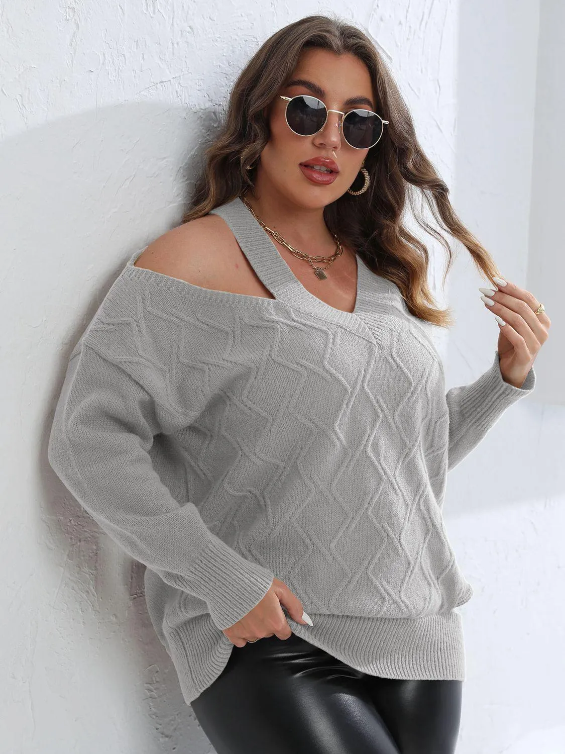 Plus Size Cutout V-Neck Sweater