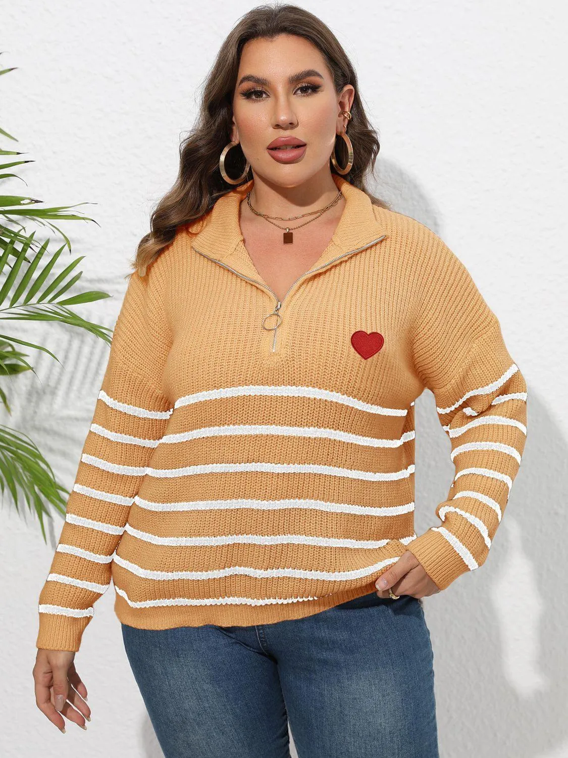 Plus Size Zip-Up Striped Sweater