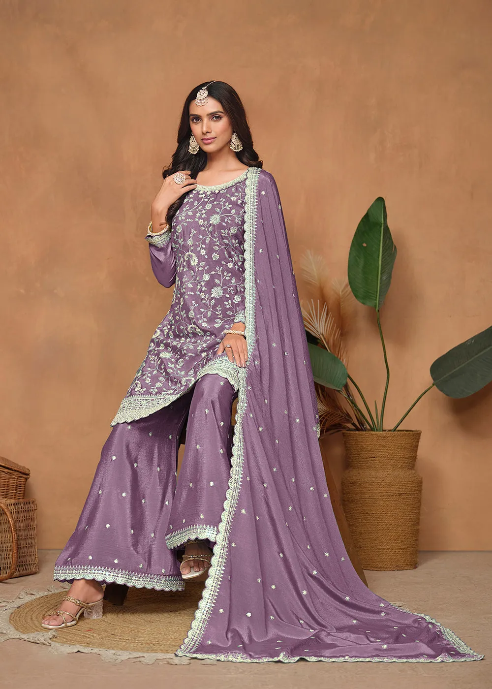 Purple Chinnon Resham & Sequins Embroidered Palazzo Suit