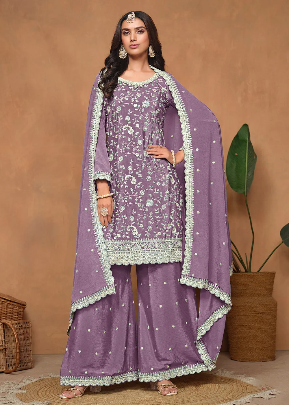 Purple Chinnon Resham & Sequins Embroidered Palazzo Suit