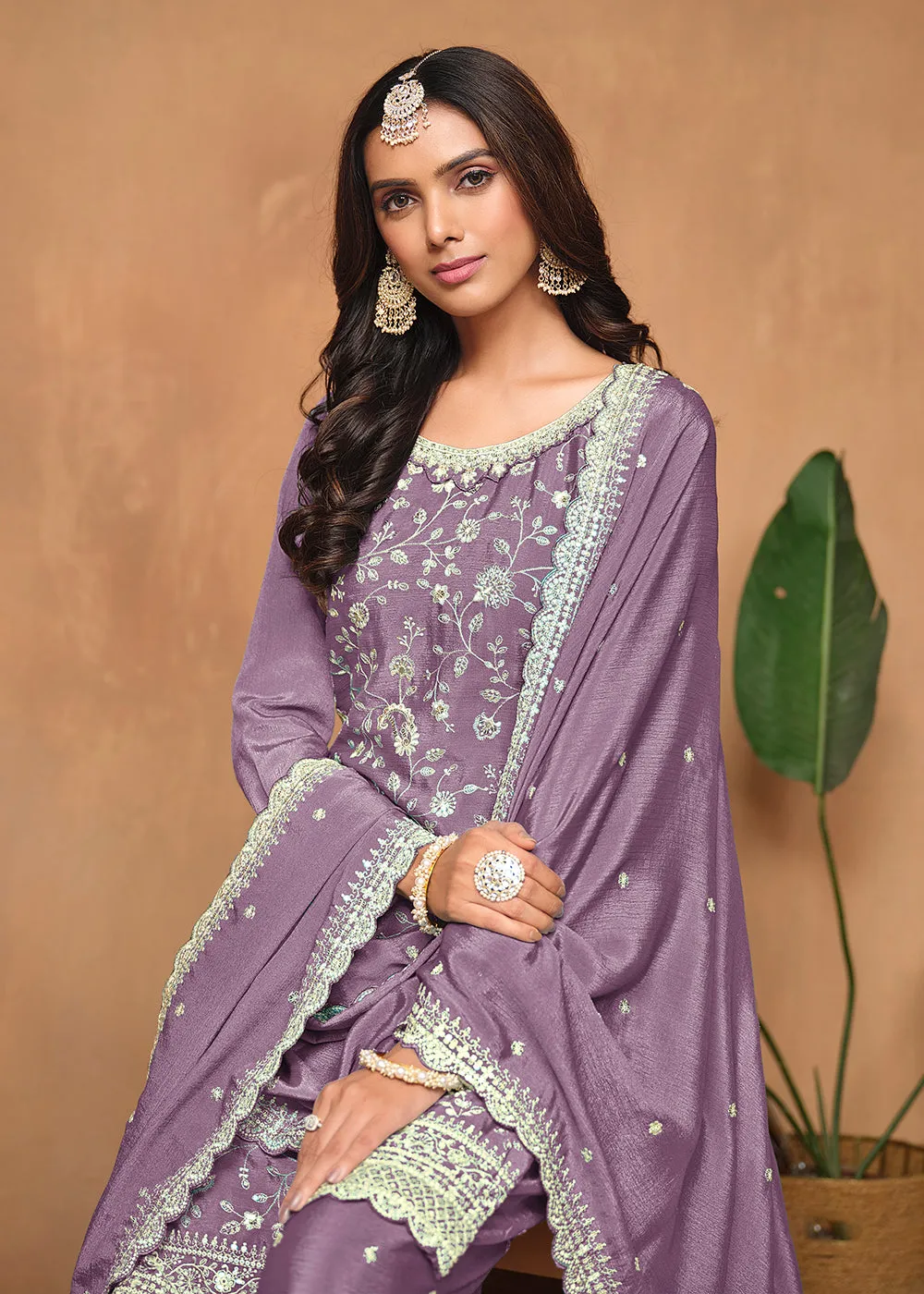 Purple Chinnon Resham & Sequins Embroidered Palazzo Suit