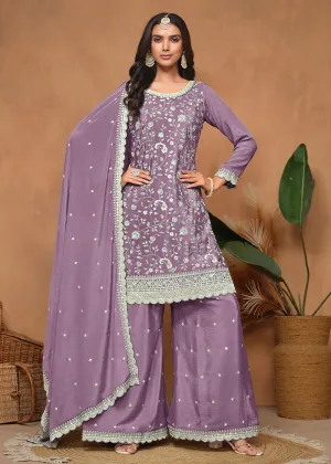 Purple Chinnon Resham & Sequins Embroidered Palazzo Suit