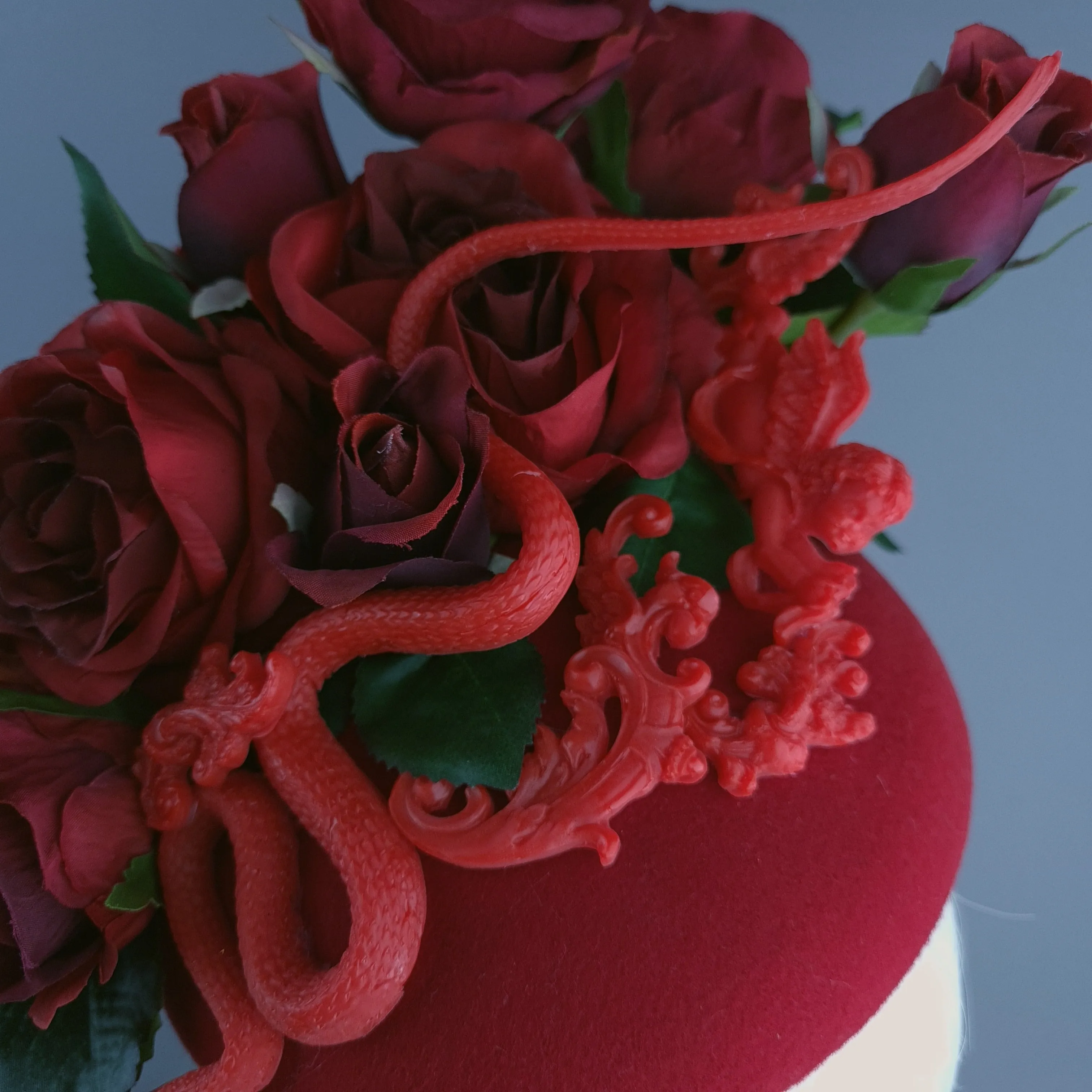 "Rhodanthe" Red Rose, Snake & Filigree Fascinator Hat