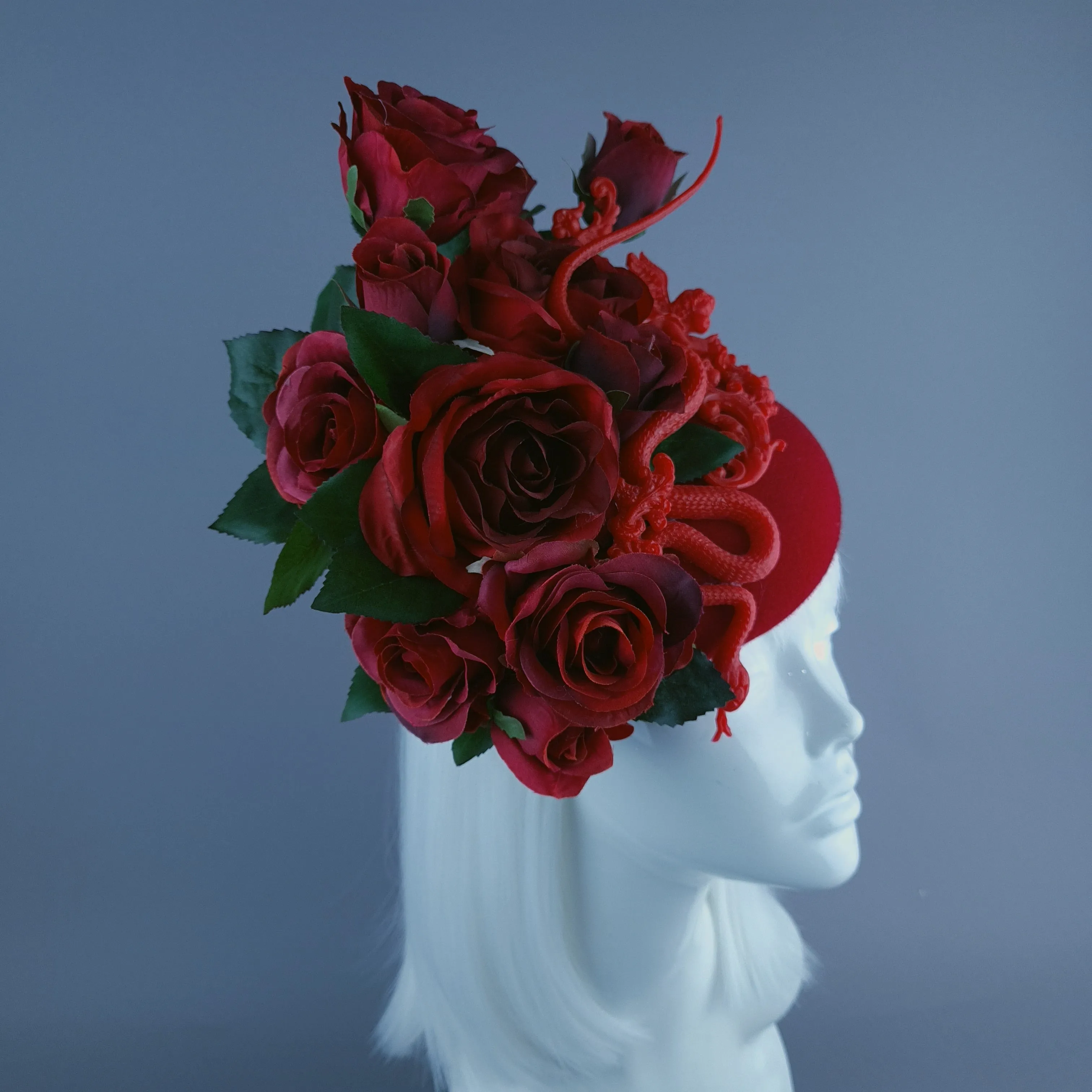 "Rhodanthe" Red Rose, Snake & Filigree Fascinator Hat