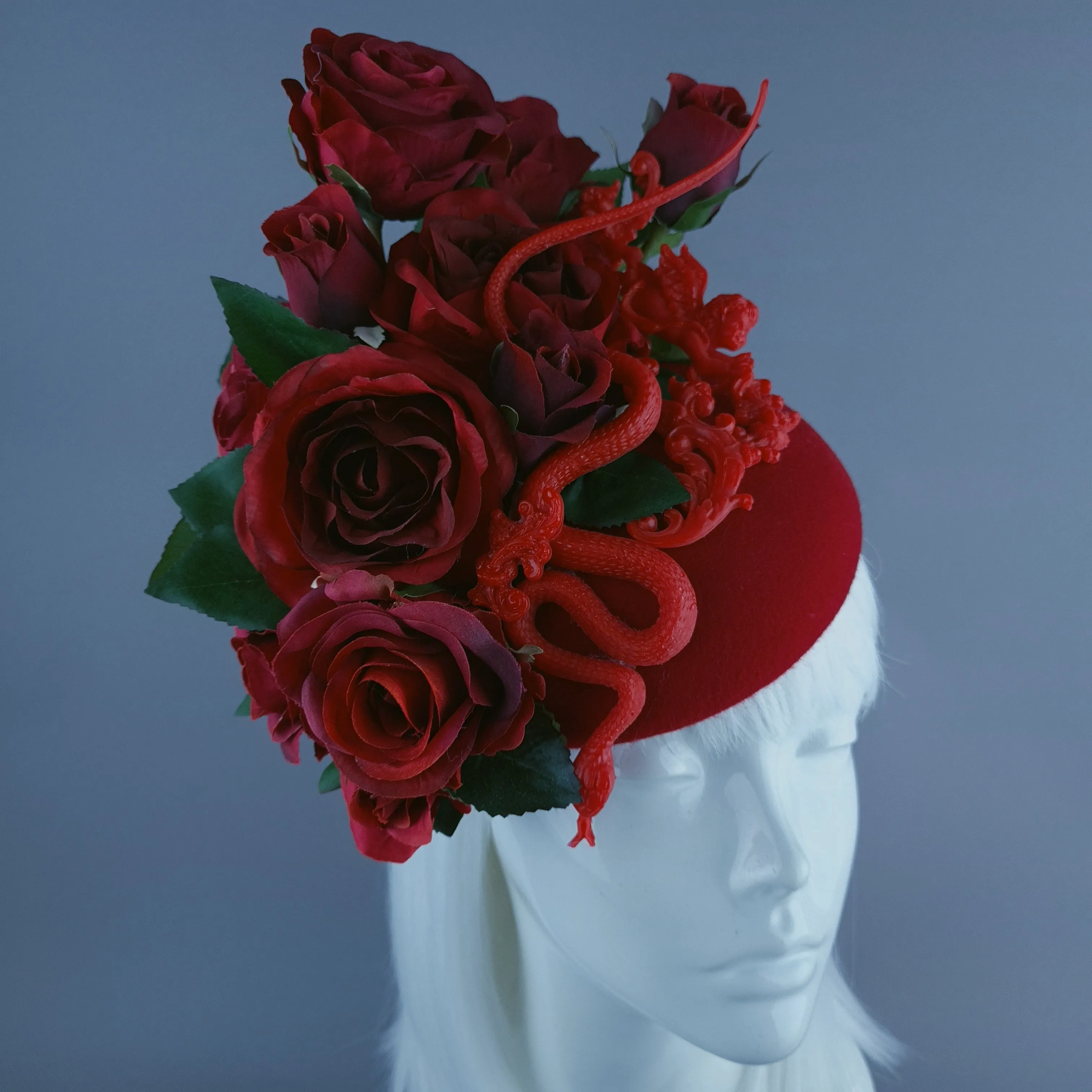 "Rhodanthe" Red Rose, Snake & Filigree Fascinator Hat