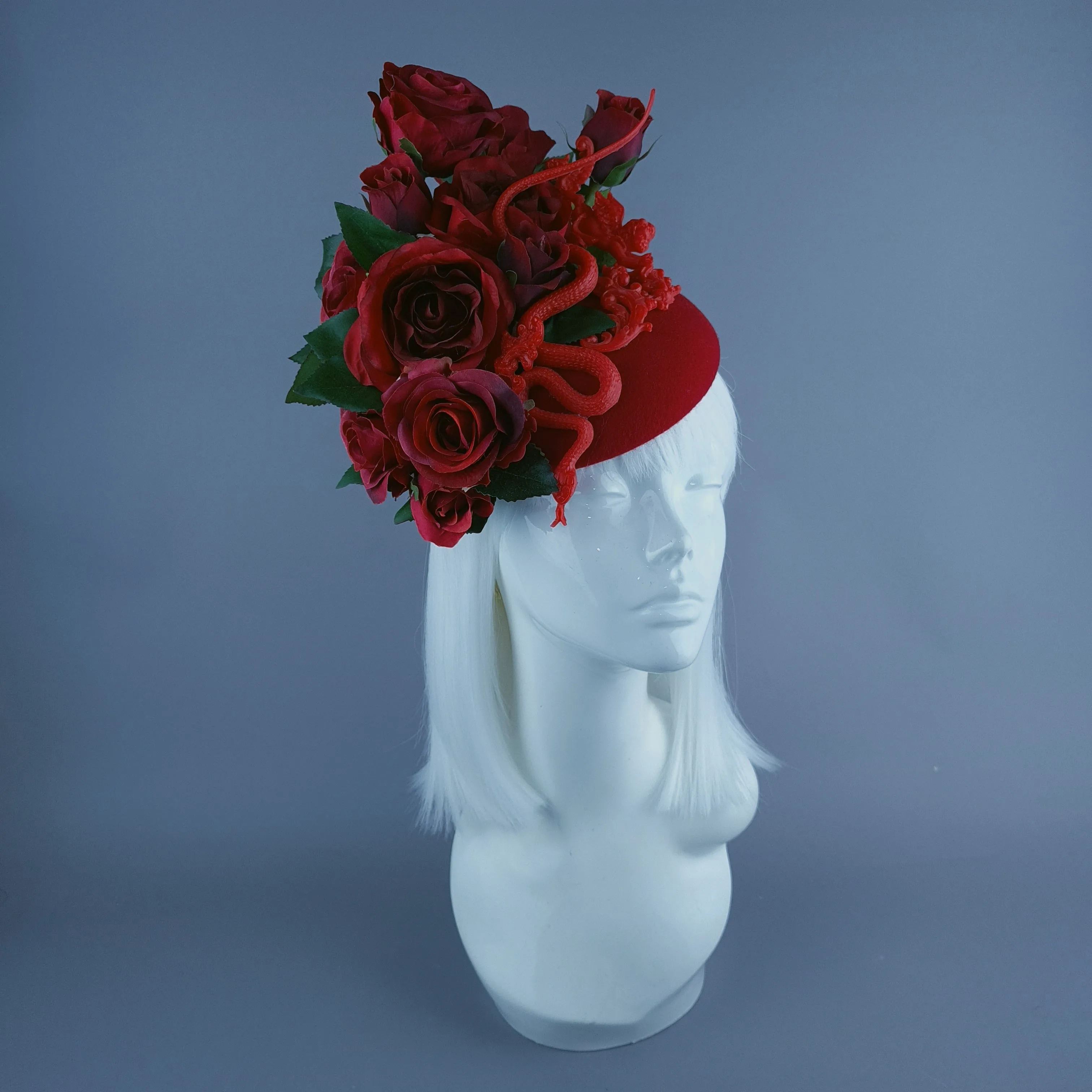 "Rhodanthe" Red Rose, Snake & Filigree Fascinator Hat