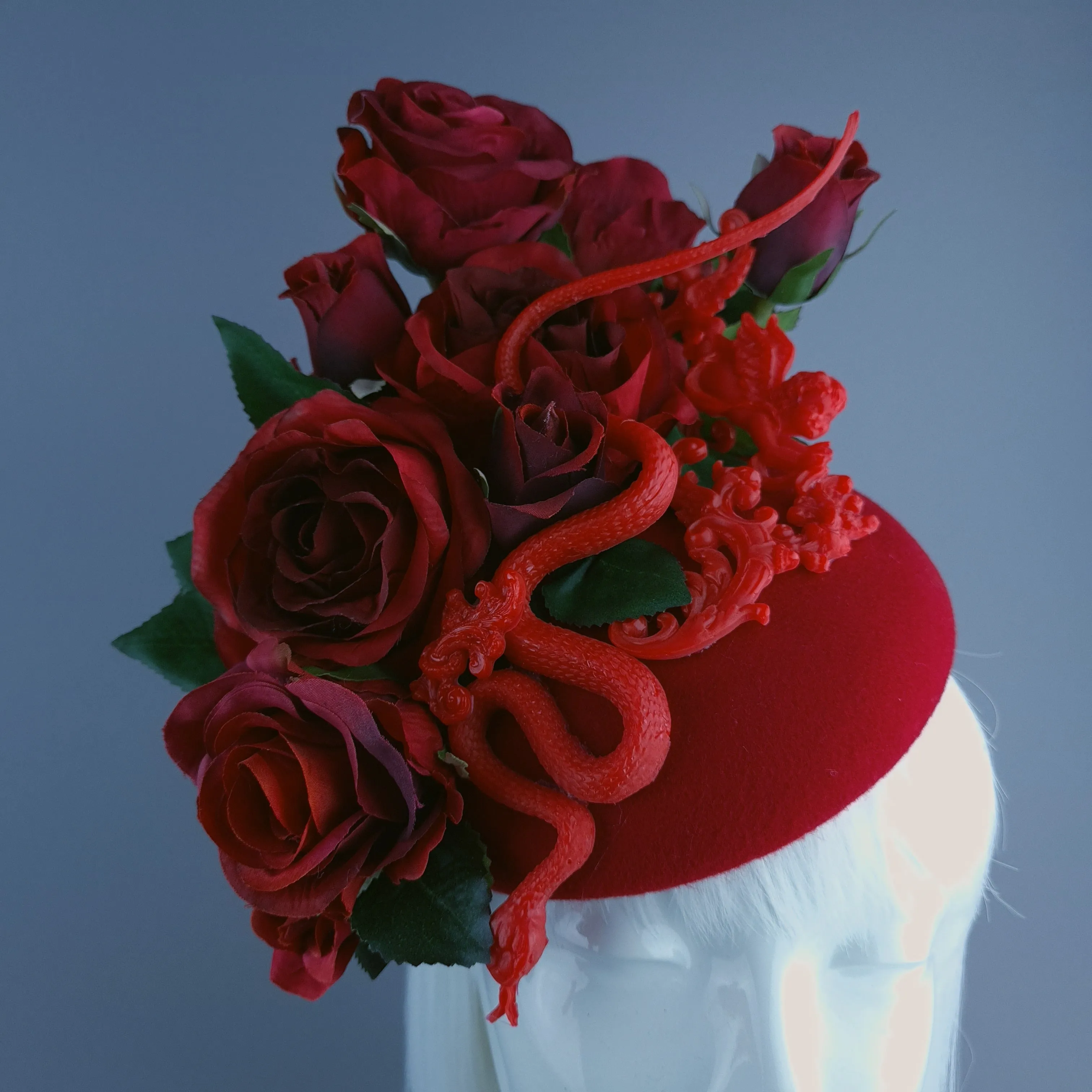 "Rhodanthe" Red Rose, Snake & Filigree Fascinator Hat