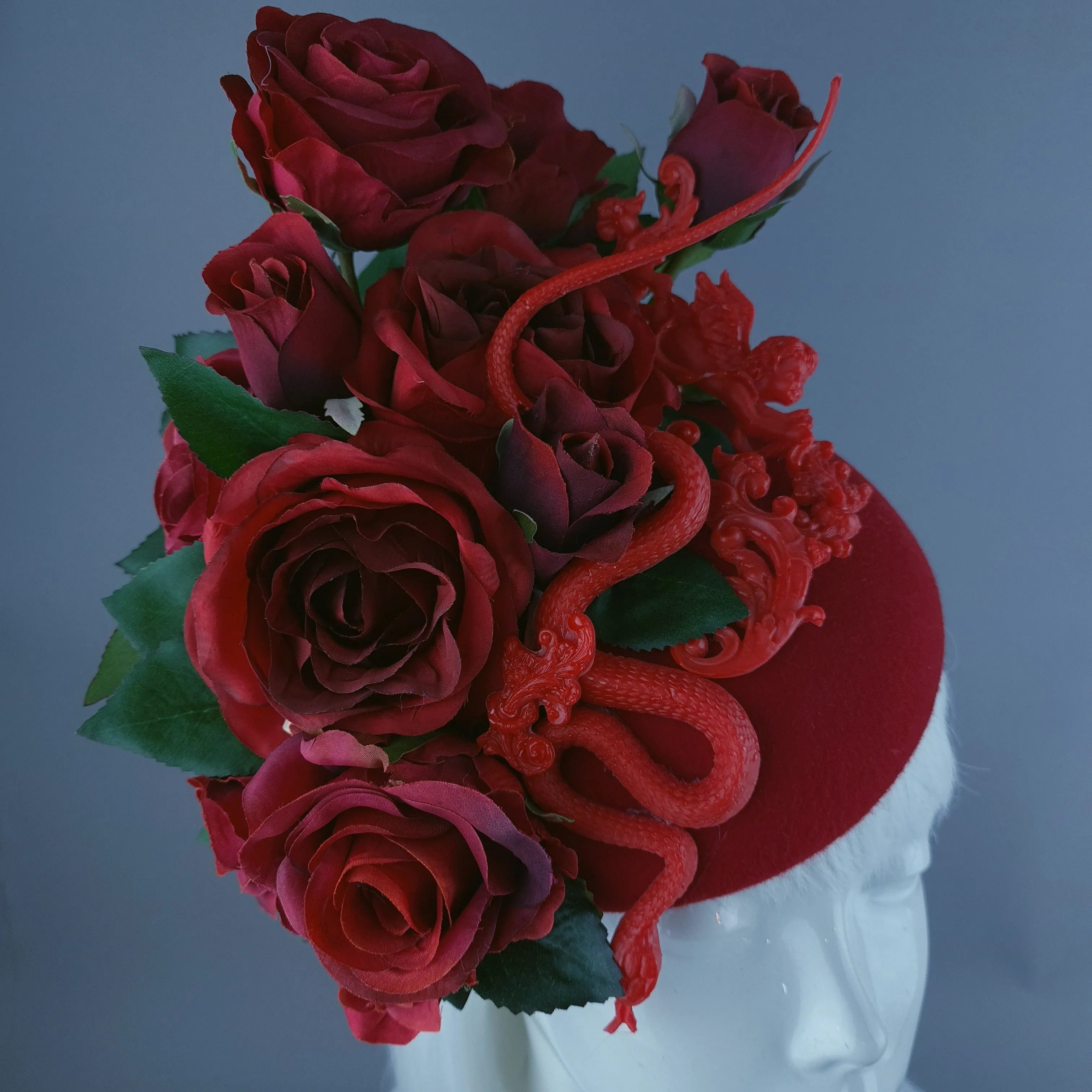 "Rhodanthe" Red Rose, Snake & Filigree Fascinator Hat