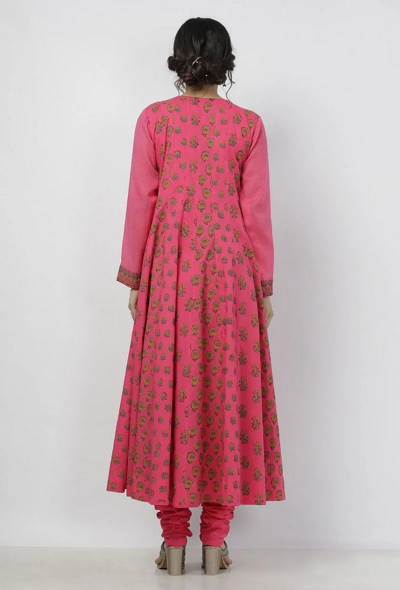 Raisa Pink Floral Hand-Block Printed Cotton-Kota Anarkali