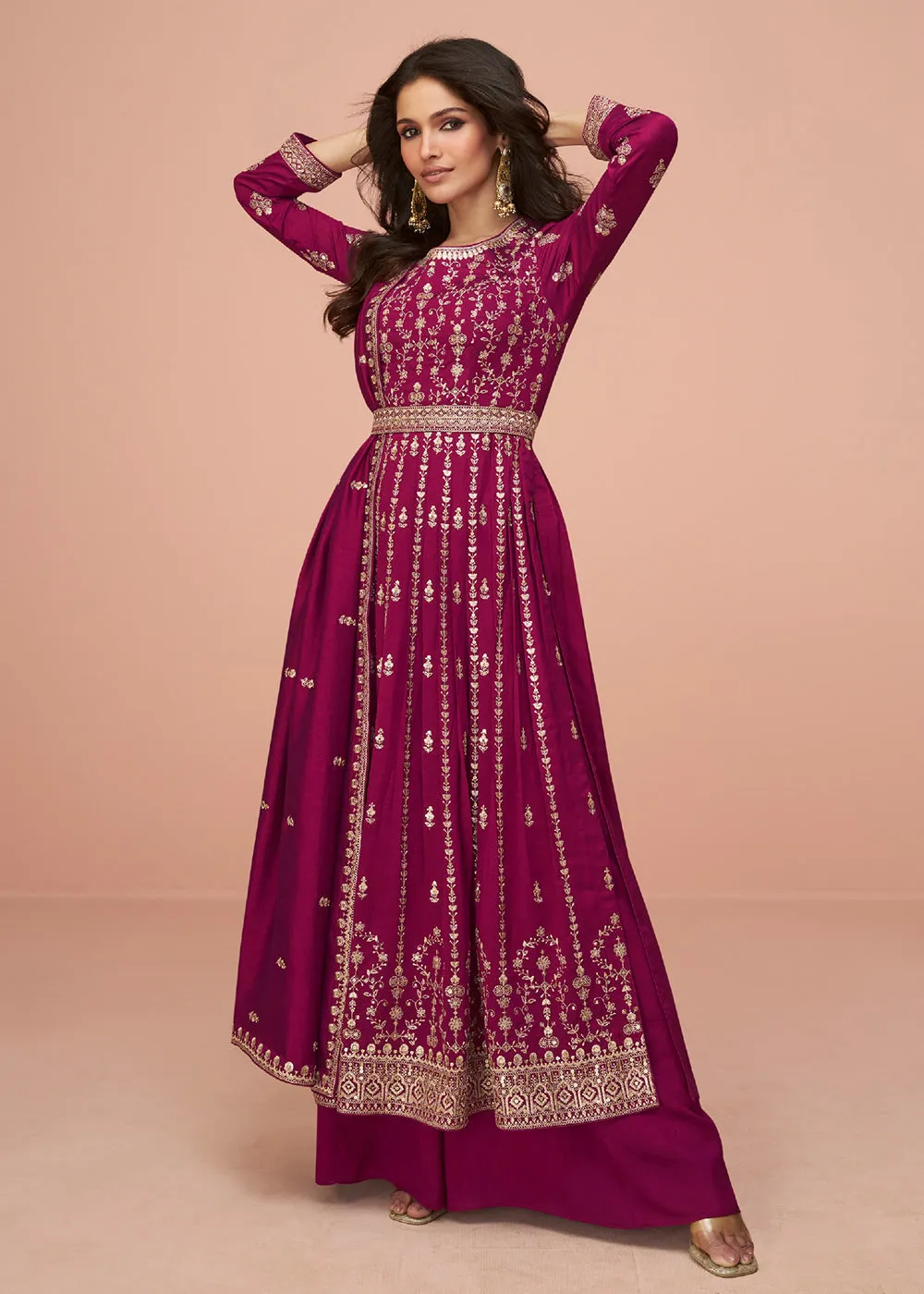 Rani Pink Wedding Wear Silk Trendy Palazzo Suit