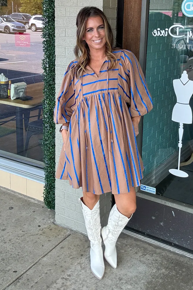 Ribbon Striped Babydoll Dress-Mocha/Blue