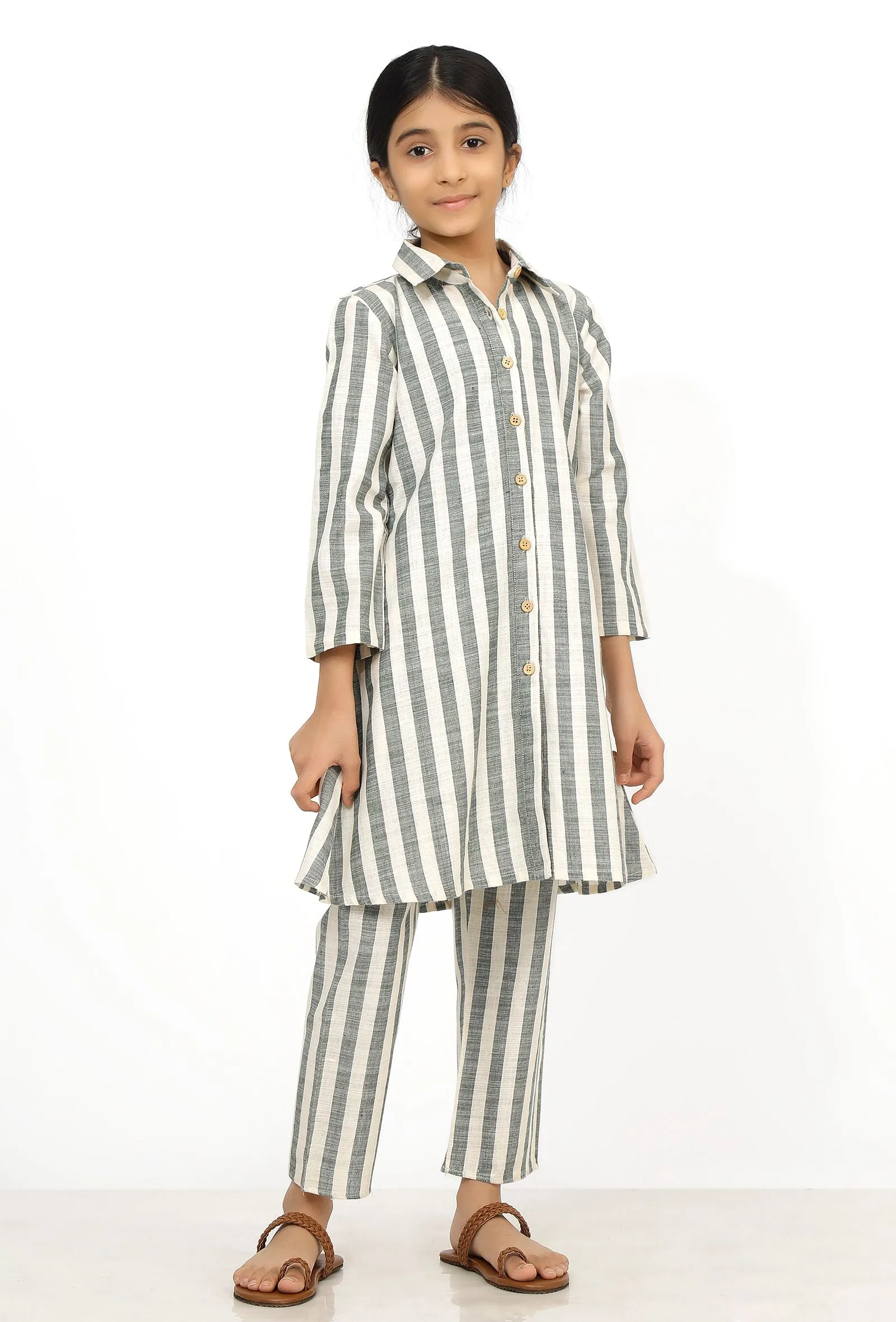 Set of 2: Irish Grey and White Stripes Cotton Belted Kurti with Pants