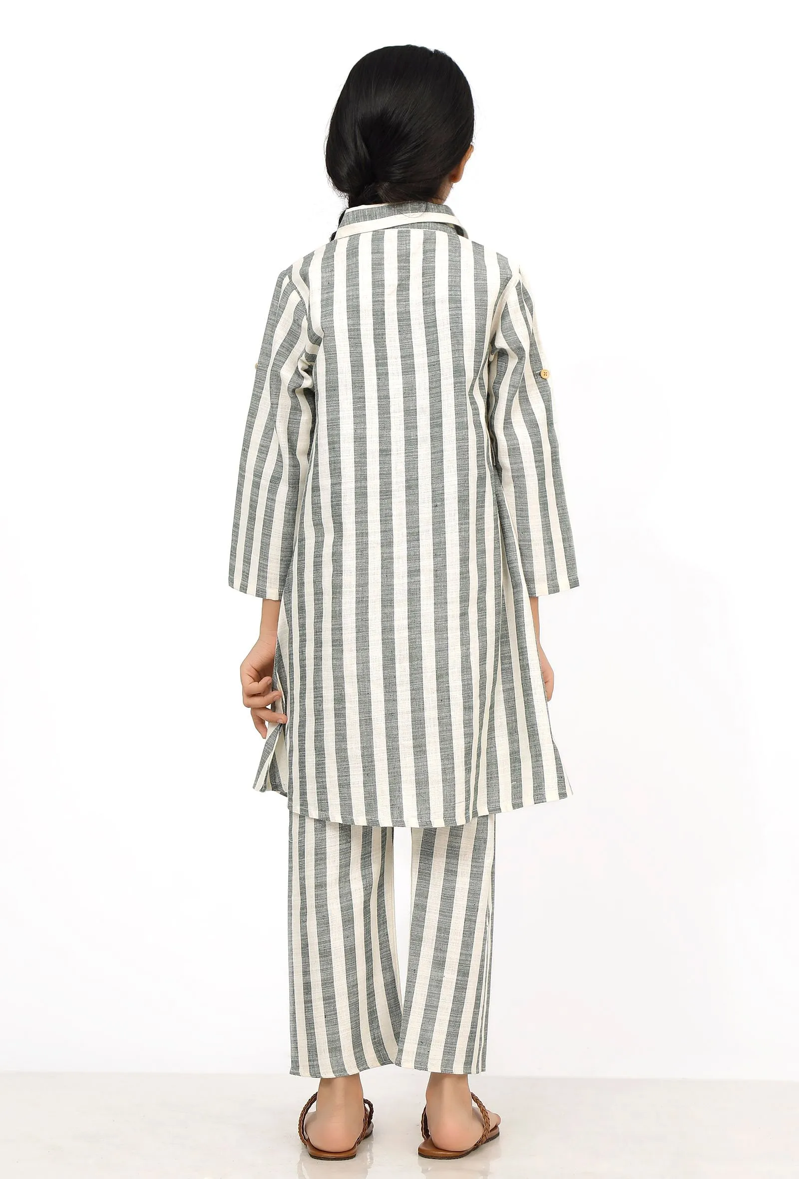 Set of 2: Irish Grey and White Stripes Cotton Belted Kurti with Pants