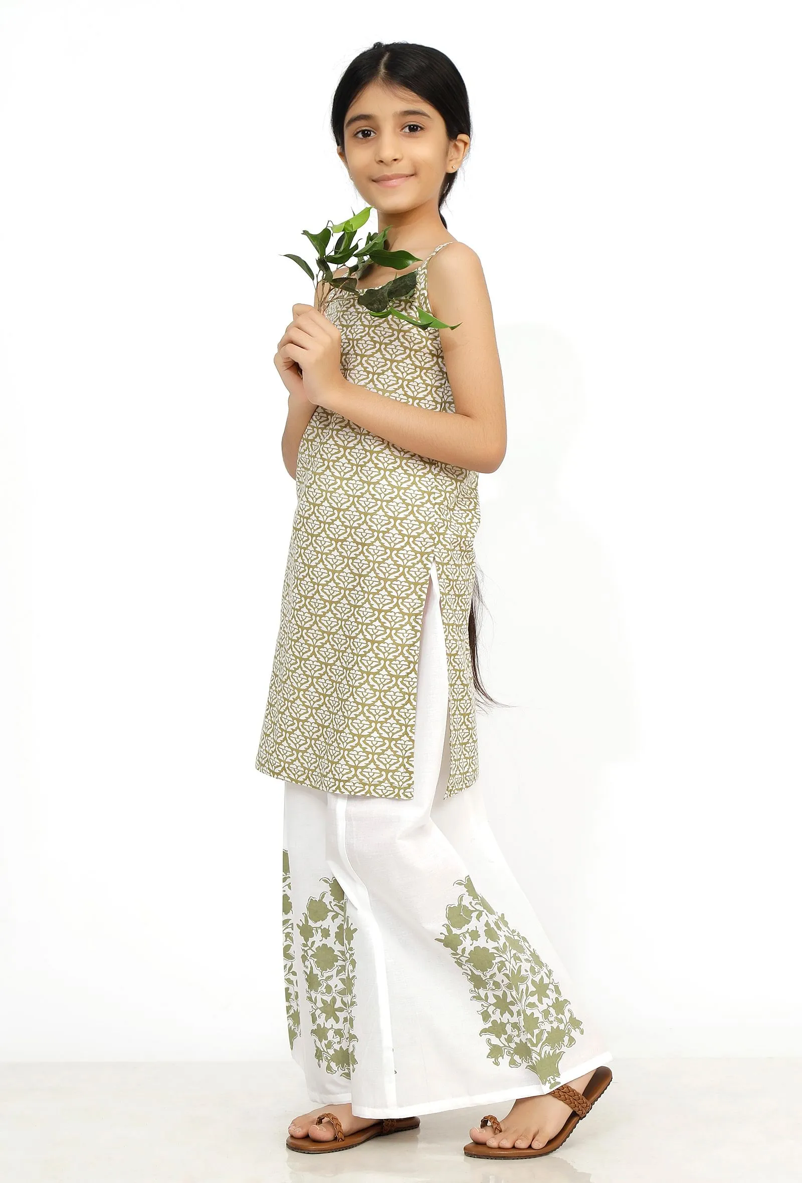 Set of 2: Sage Green Handblock Slip Kurta with Flared Pants