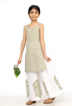 Set of 2: Sage Green Handblock Slip Kurta with Flared Pants