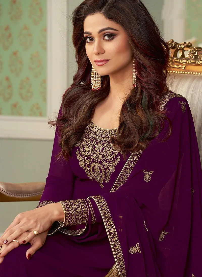 Stupendous Plum Shamita Shetty Georgette Palazzo Suit