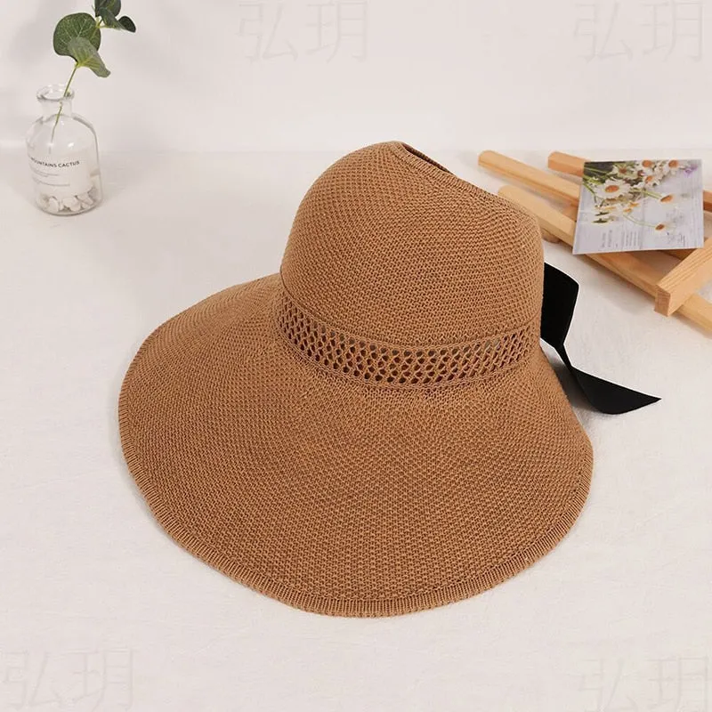 Summer Wide Brim Straw Hat Women Empty Top Ribbon Bowknot Sun Hats Female Elegant Foldable Soft Outdoor Travel Beach Tour Caps