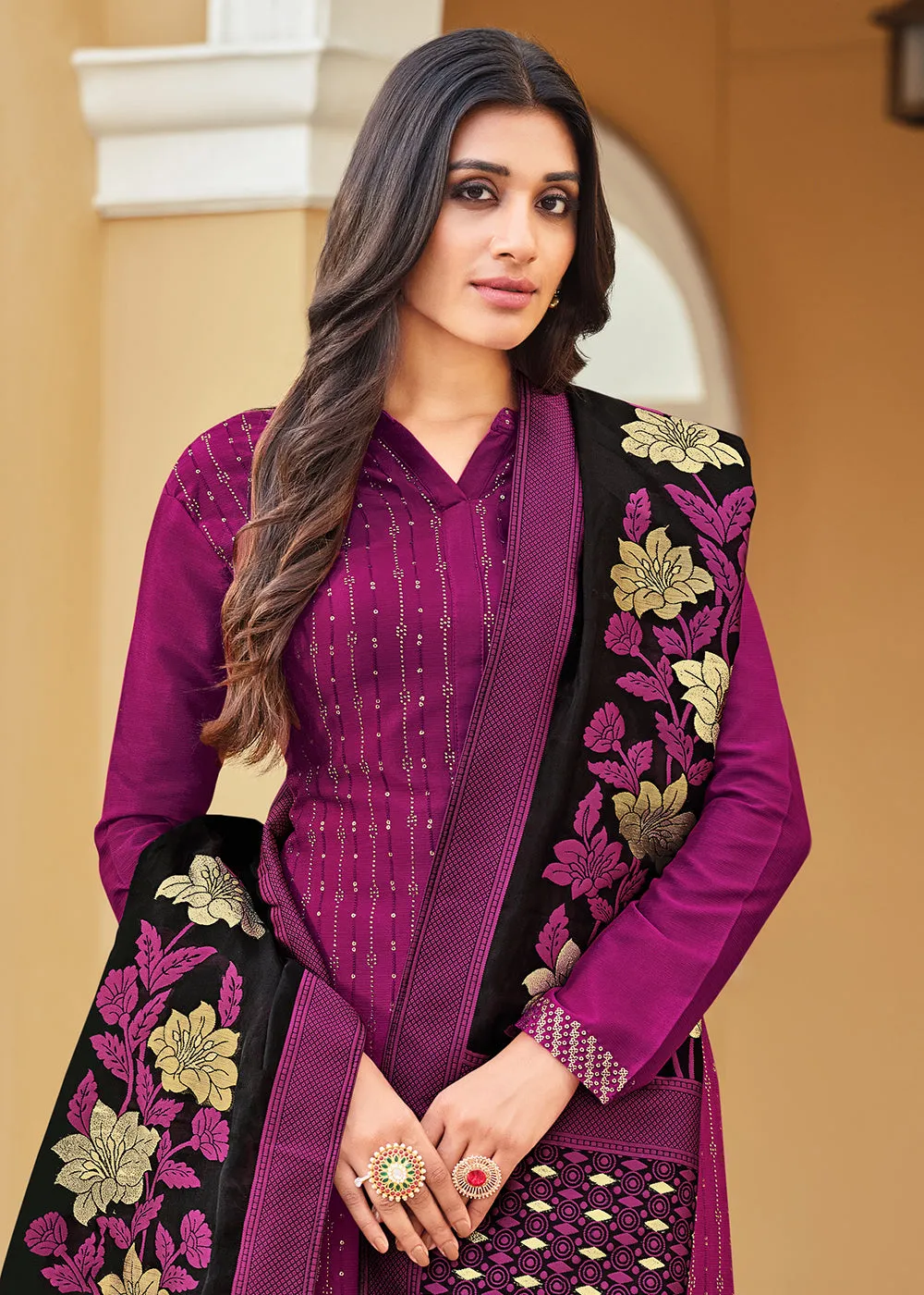 Swarovski Embroidered Sober Magenta Pant Salwar Suit