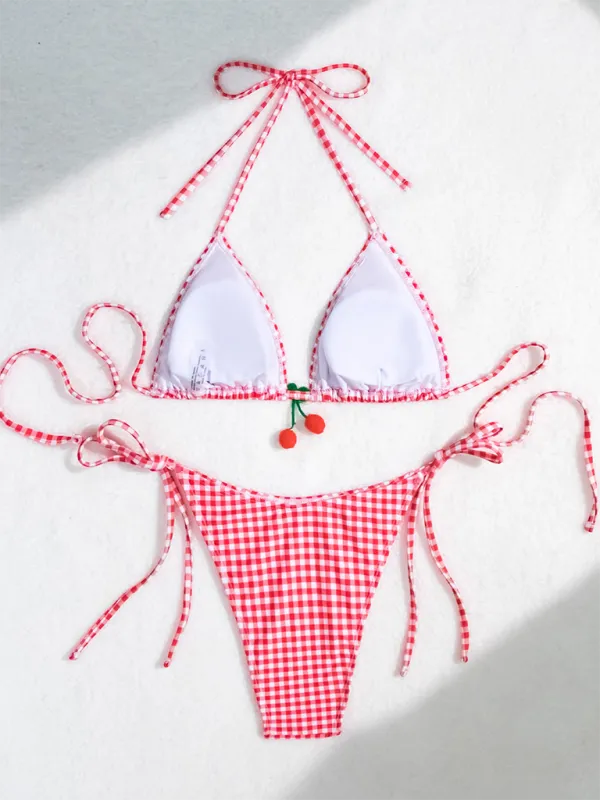 TEEK - Red Sweet Backless Gingham Cherry Bikini