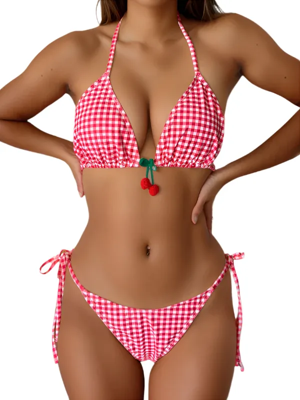 TEEK - Red Sweet Backless Gingham Cherry Bikini