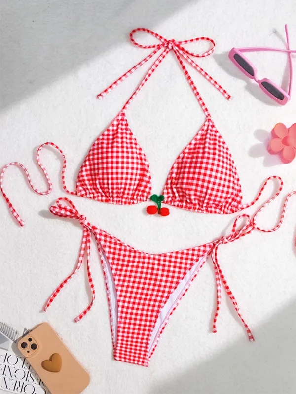 TEEK - Red Sweet Backless Gingham Cherry Bikini