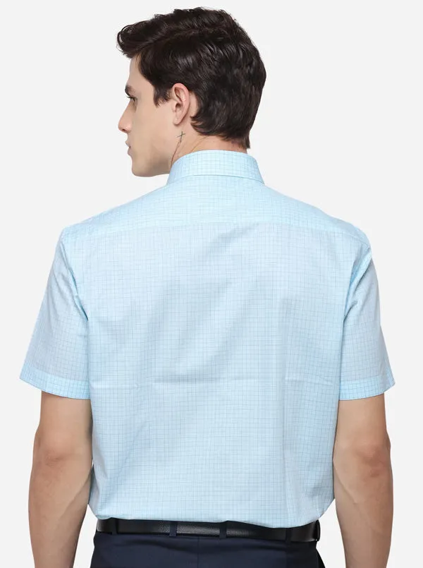 Turquoise Blue Checked Regular Fit Formal Shirt | JadeBlue