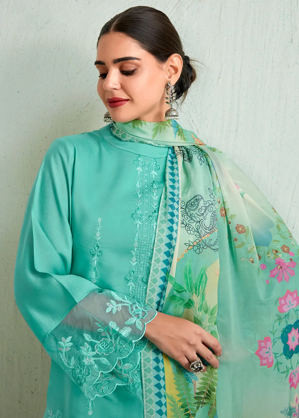 Turquoise Blue Pure Muslin Resham Embroidered Salwar Suit