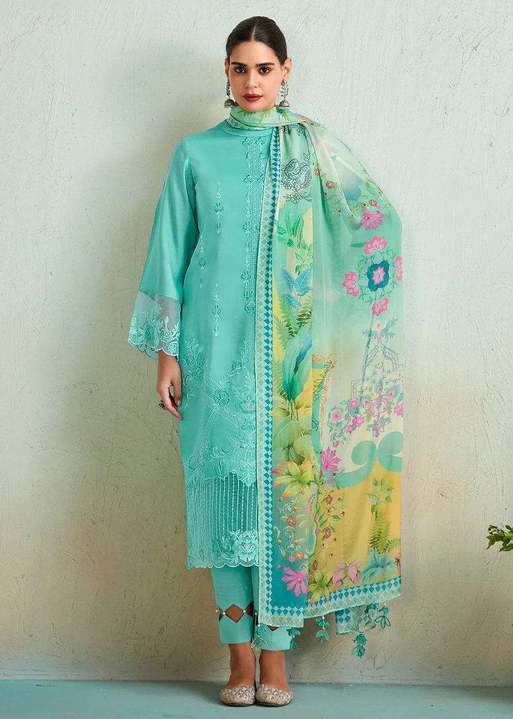 Turquoise Blue Pure Muslin Resham Embroidered Salwar Suit