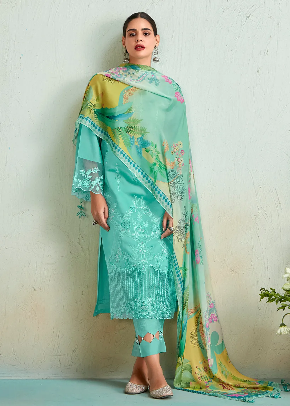 Turquoise Blue Pure Muslin Resham Embroidered Salwar Suit