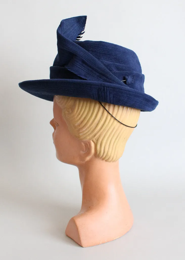 Vintage 1940s Blue Suede Feathered Fedora