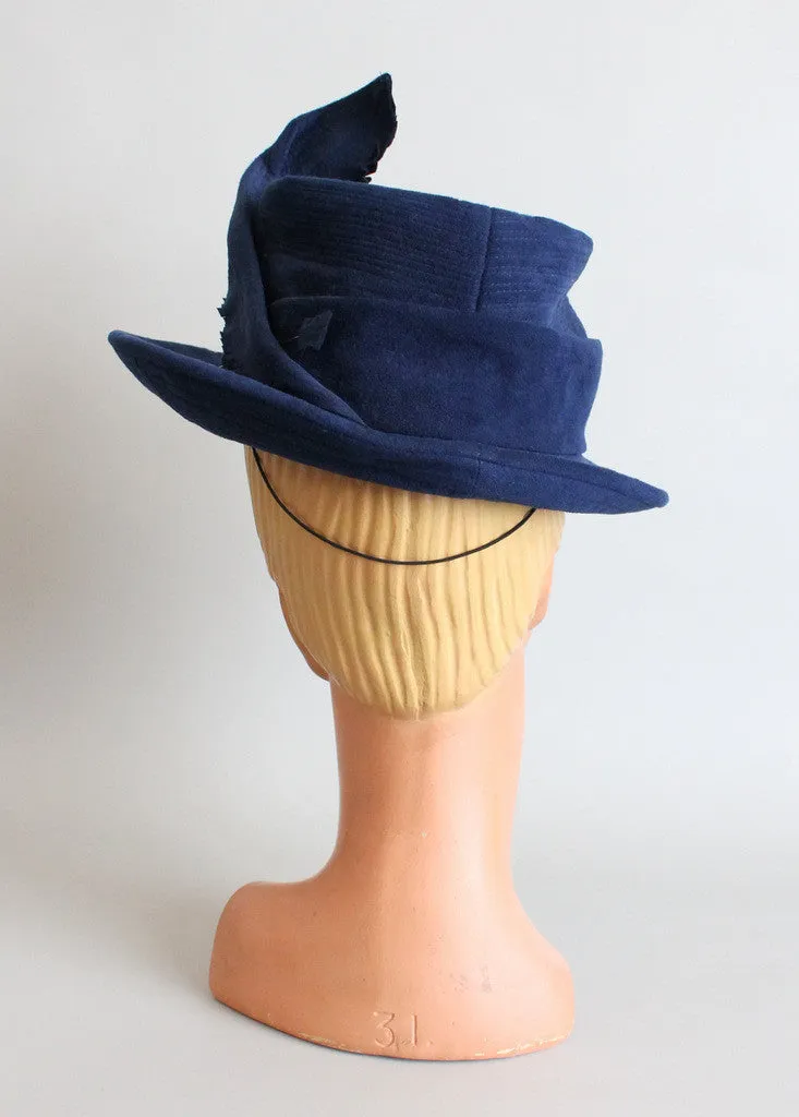 Vintage 1940s Blue Suede Feathered Fedora