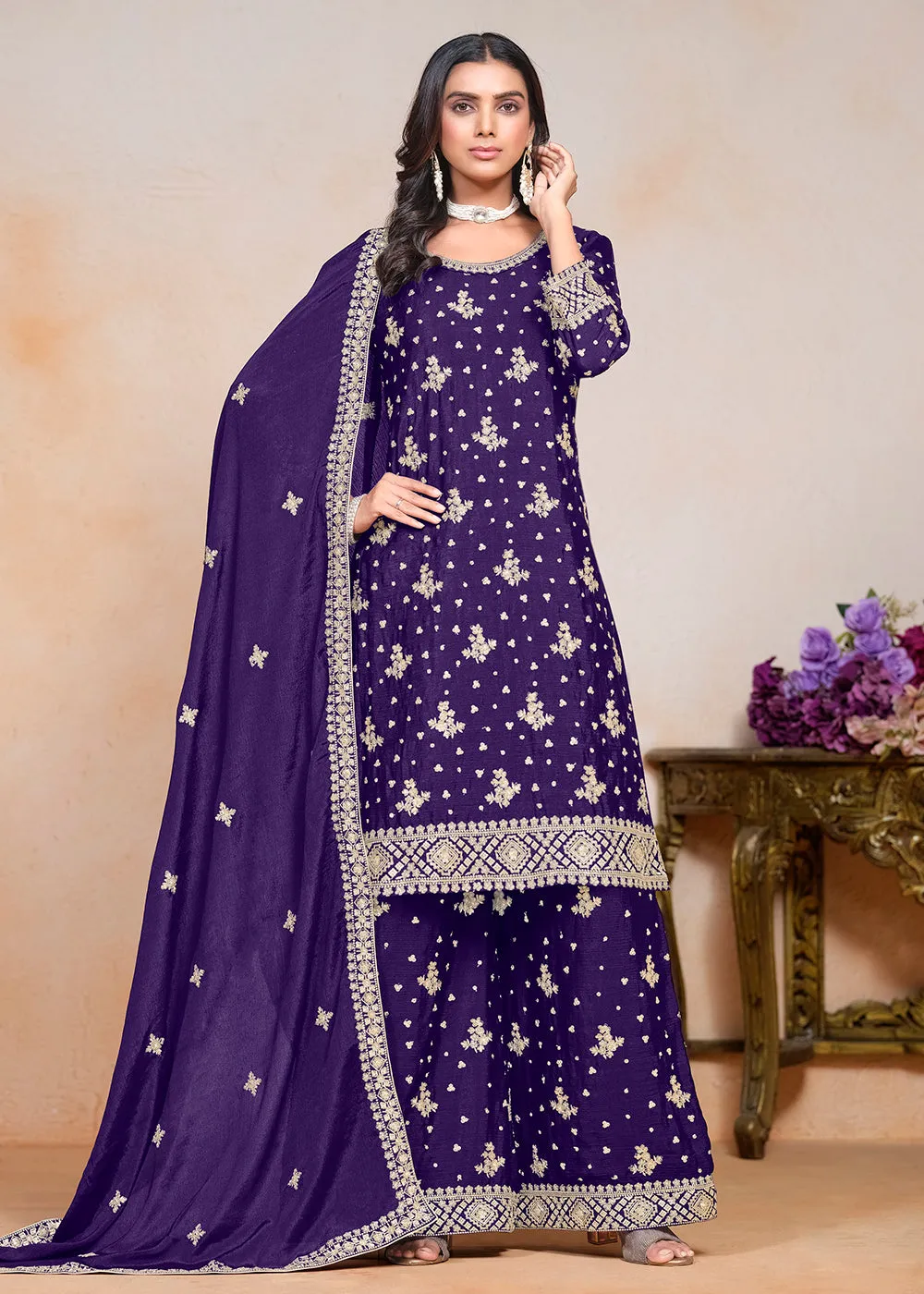 Violet Sequins Embroidered Chinnon Festive Palazzo Suit