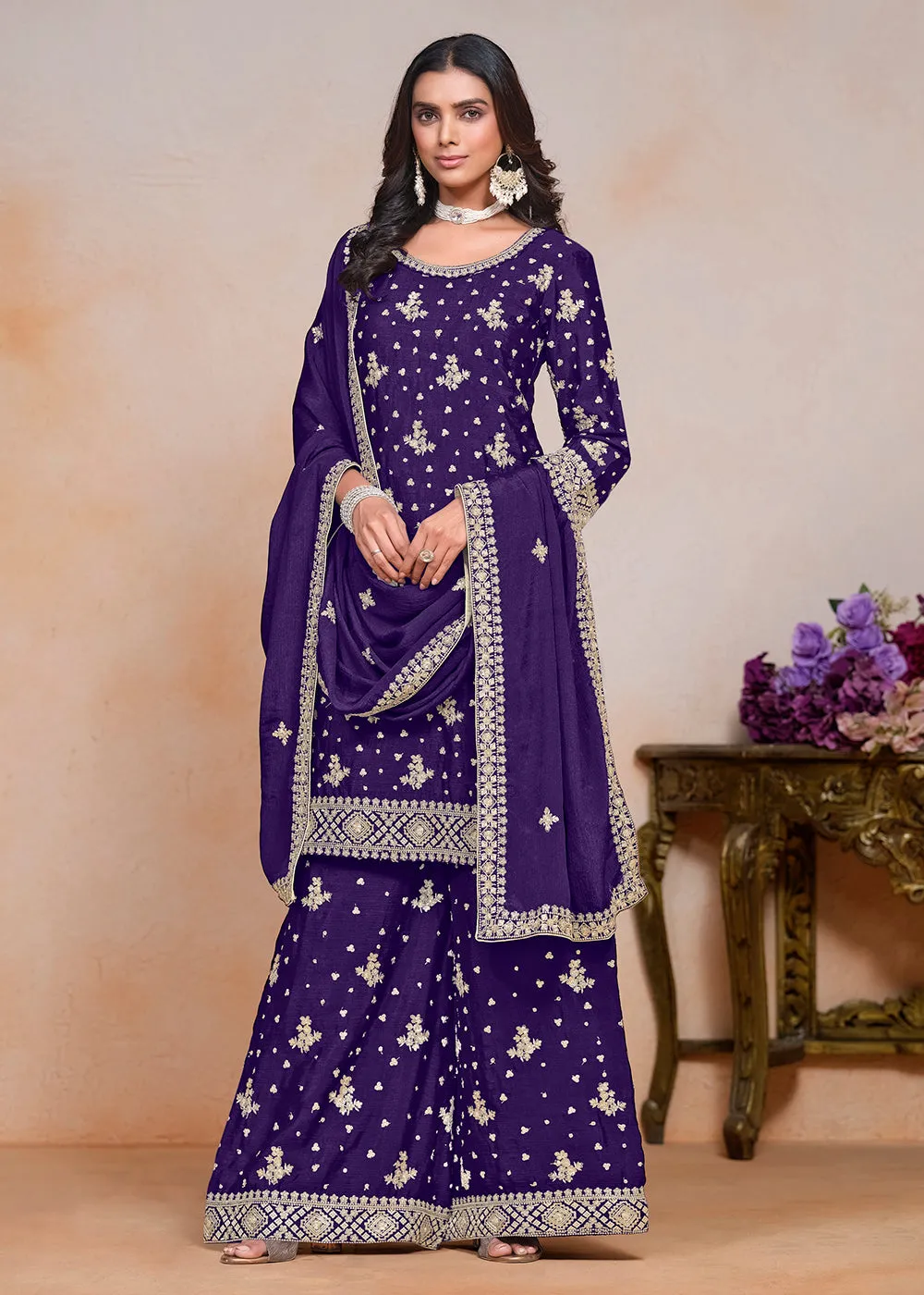 Violet Sequins Embroidered Chinnon Festive Palazzo Suit