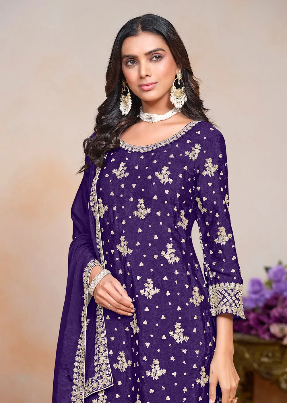 Violet Sequins Embroidered Chinnon Festive Palazzo Suit