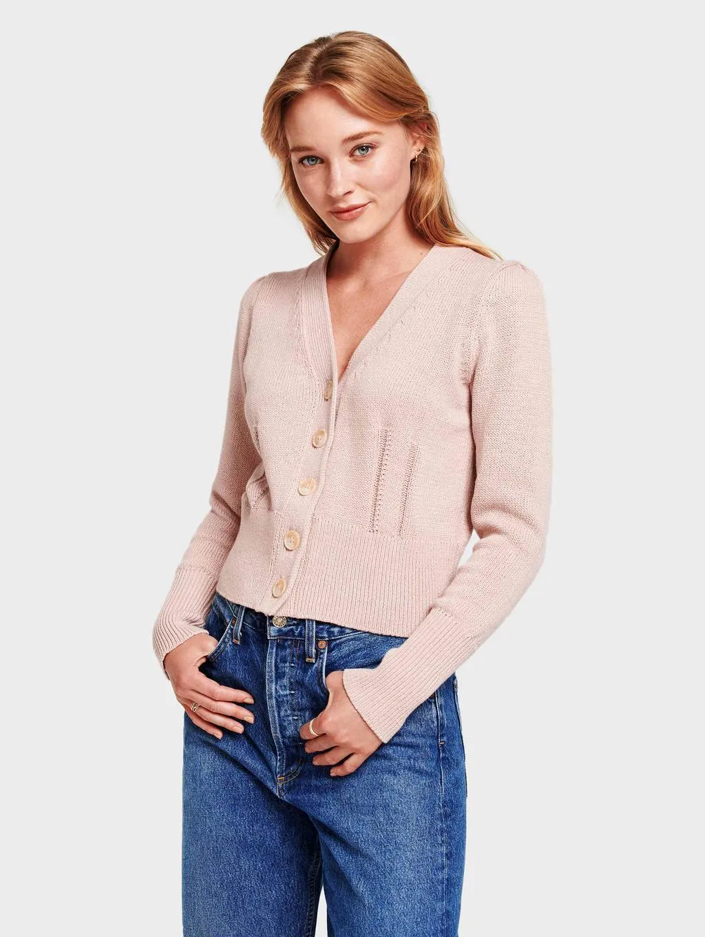 White   Warren - Puff Shoulder Cardigan in Pink Topaz