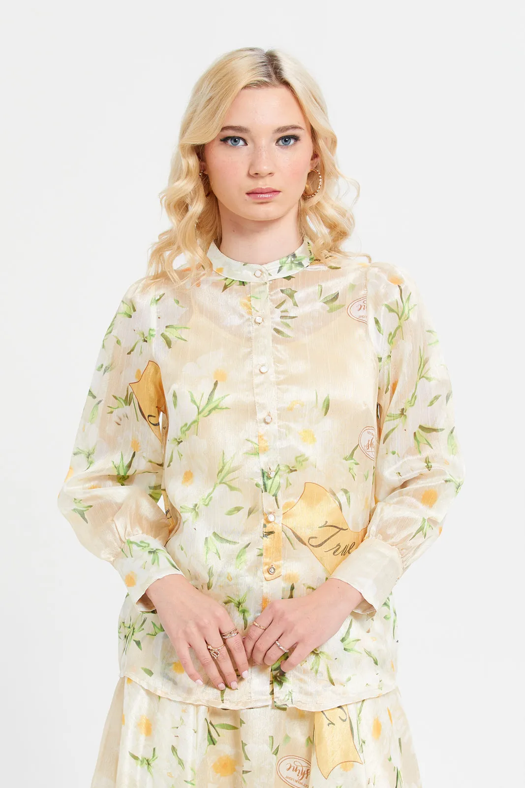 Women Yellow Printed Buttoned Long Sleeves Shirt